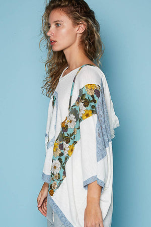 POL- V-neck floral print multi color peace patch top