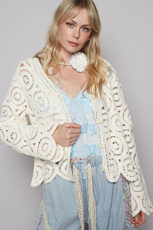 POL- Long sleeve V-neck crochet knitted cardigan