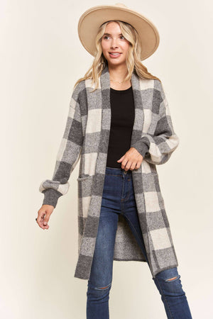 OPEN FRONT LONG PLAID CARDIGAN