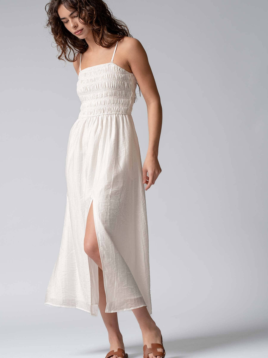 Smocked Tencel Maxi Dress with Side Slit