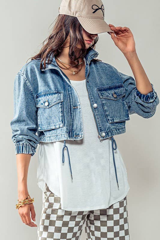 Utility Cropped Drawstring Hem Stand Collar Denim Jacket