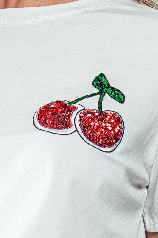 Romantic Glitter Cherry Embroidered Casual Graphic Tee