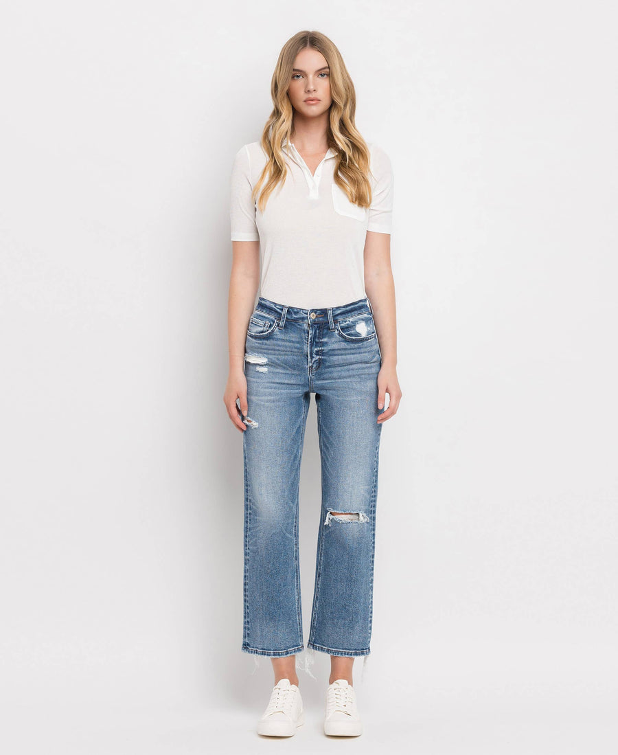 HIGH RISE DISTRESSED HEM CROP STRAIGHT JEANS BLINK / 25