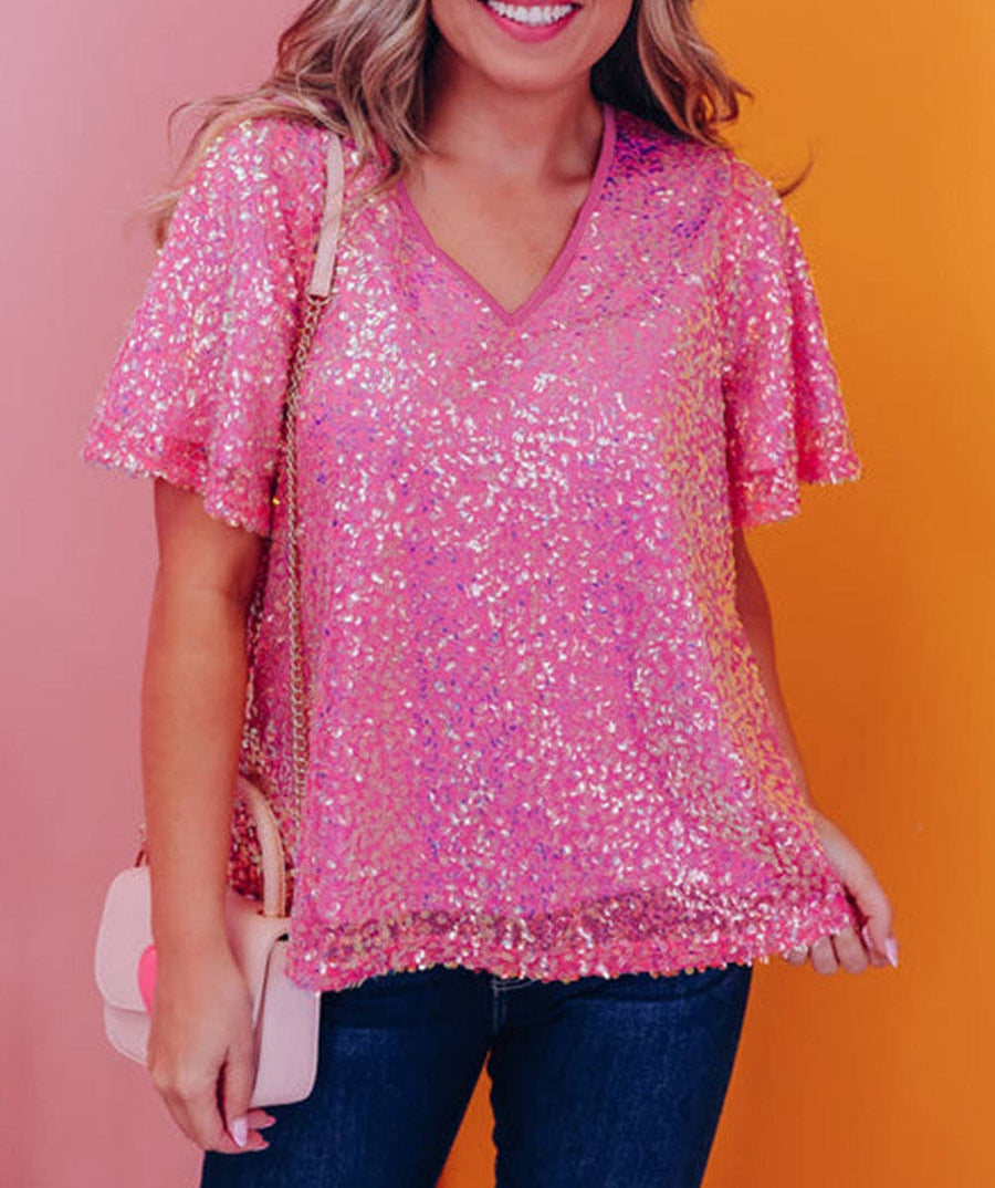 V Neck Wide Sleeve Sequin Top: L / Pink