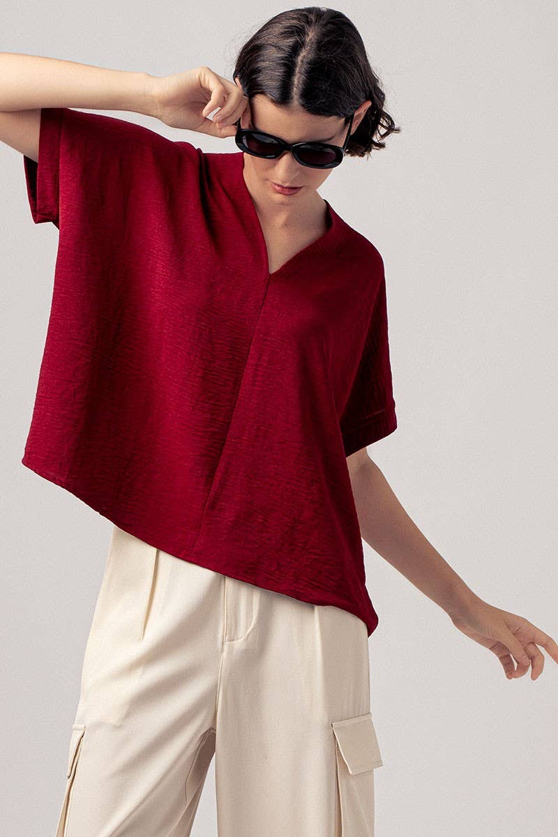 Relaxed V-Neck Top with Folded Sleeves - Mauve