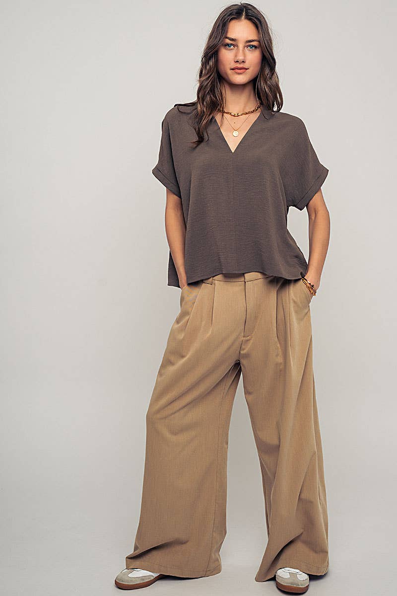 Relaxed V-Neck Top with Folded Sleeves - Mauve