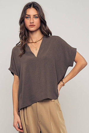 Relaxed V-Neck Top with Folded Sleeves - Mauve