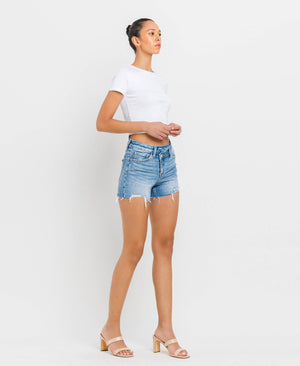 HIGH RISE DISTRESSED CRISS CROSS SHORTS BLUE DENIM / XL