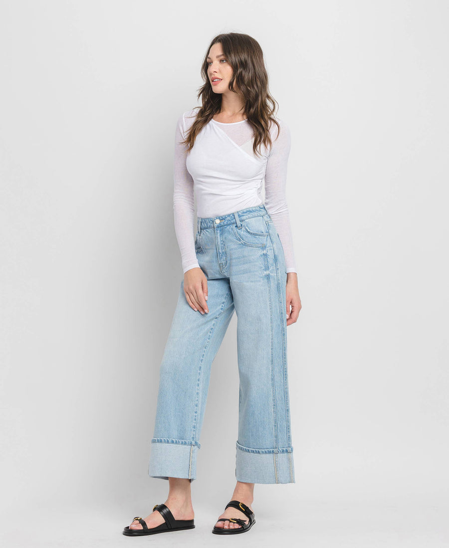 SUPER HIGH RISE CUFFED BAGGY WIDE JEANS T6515