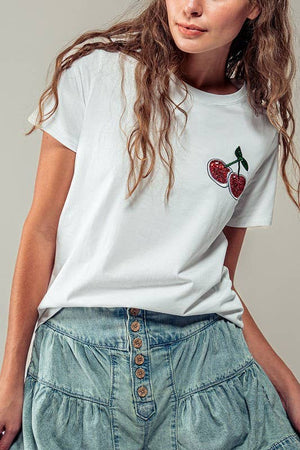 Romantic Glitter Cherry Embroidered Casual Graphic Tee