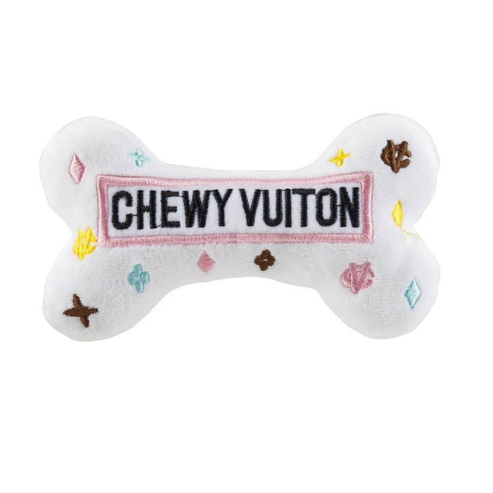 White Chewy Vuiton Bones Squeaker Dog Toy: XL