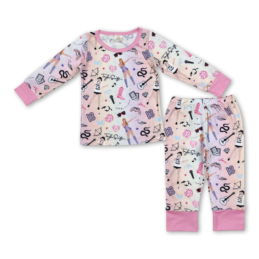 Pink long sleeves guitar singer girls bamboo pajamas