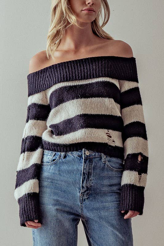 OFF SHOULDER STRIPE RIP SWEATER