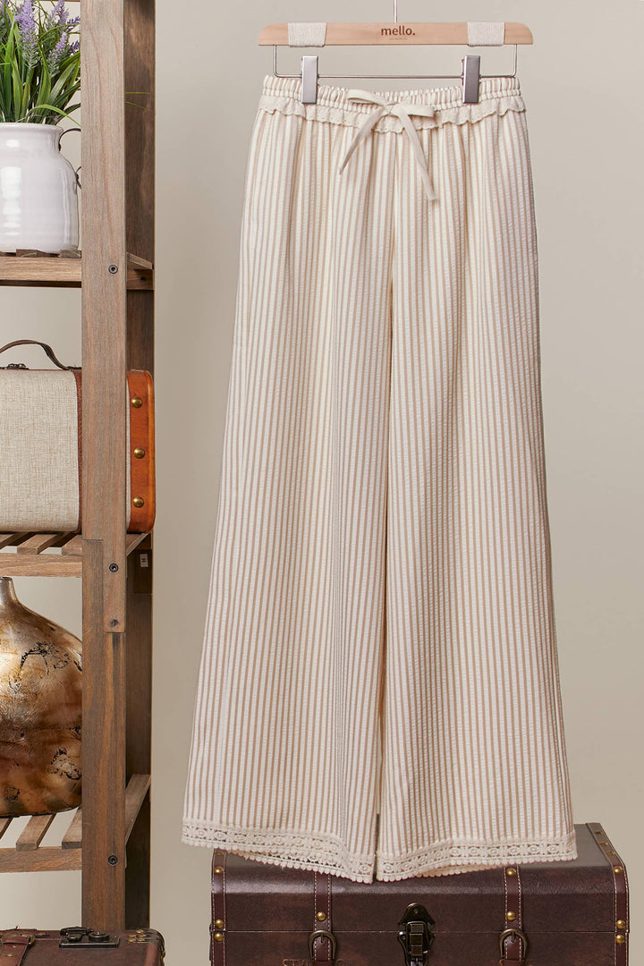 Womens Striped wide leg pants with lace hem