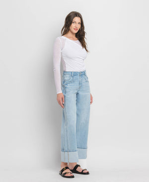 SUPER HIGH RISE CUFFED BAGGY WIDE JEANS T6515