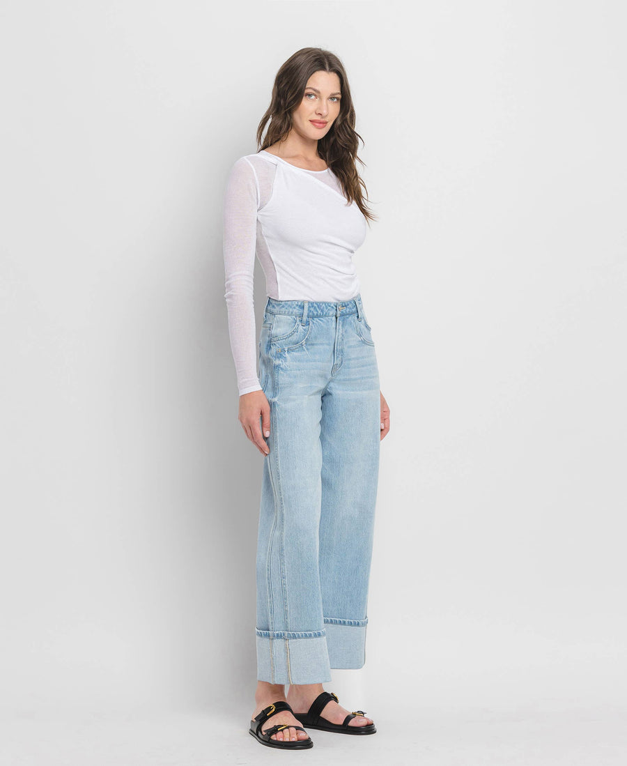 SUPER HIGH RISE CUFFED BAGGY WIDE JEANS T6515