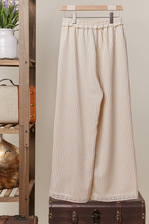 Tan and ivory Striped wide leg women’s pants with lace detail hem 