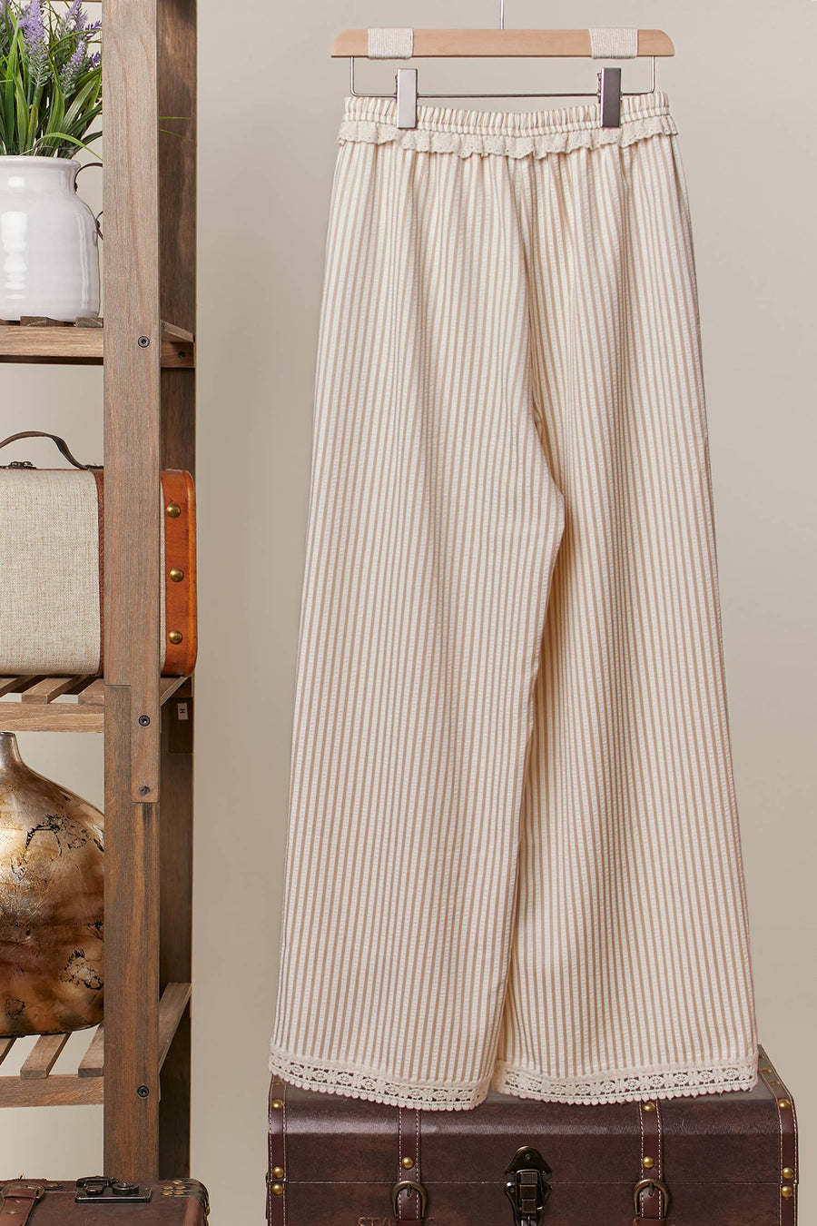 Tan and ivory Striped wide leg women’s pants with lace detail hem 