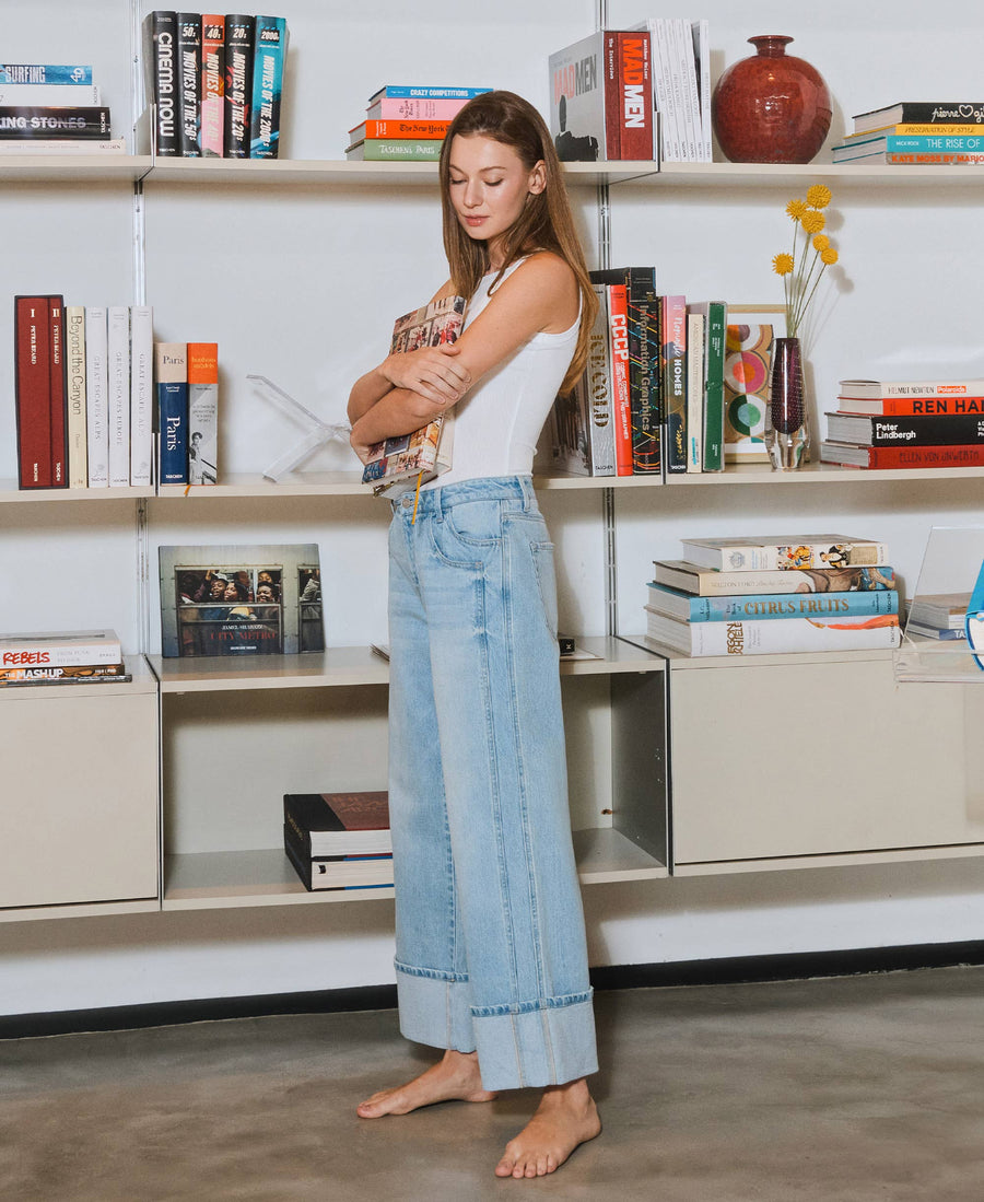 SUPER HIGH RISE CUFFED BAGGY WIDE JEANS T6515