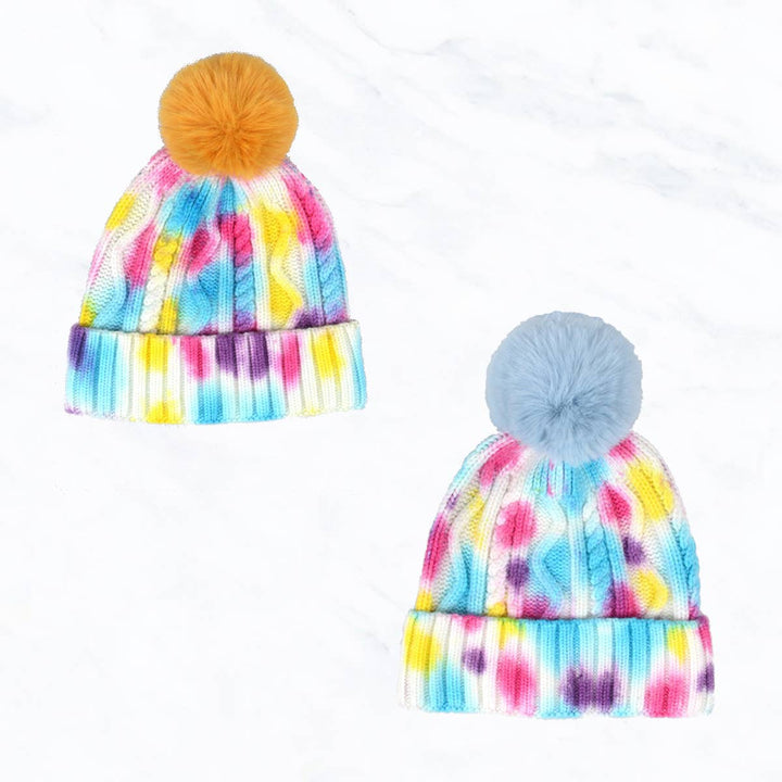 Tie dye Multi Color Fur Pom Beanie