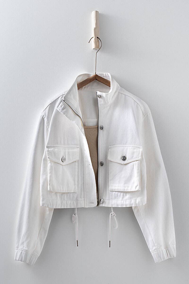 Utility Cropped Drawstring Hem Stand Collar Denim Jacket