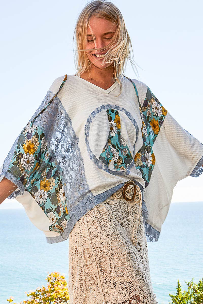 POL- V-neck floral print multi color peace patch top