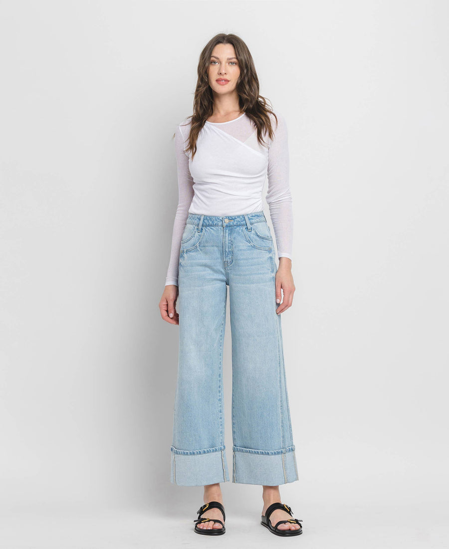 SUPER HIGH RISE CUFFED BAGGY WIDE JEANS T6515