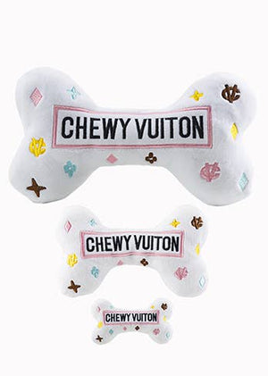 White Chewy Vuiton Bones Squeaker Dog Toy: Small / Mini