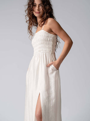 Smocked Tencel Maxi Dress with Side Slit
