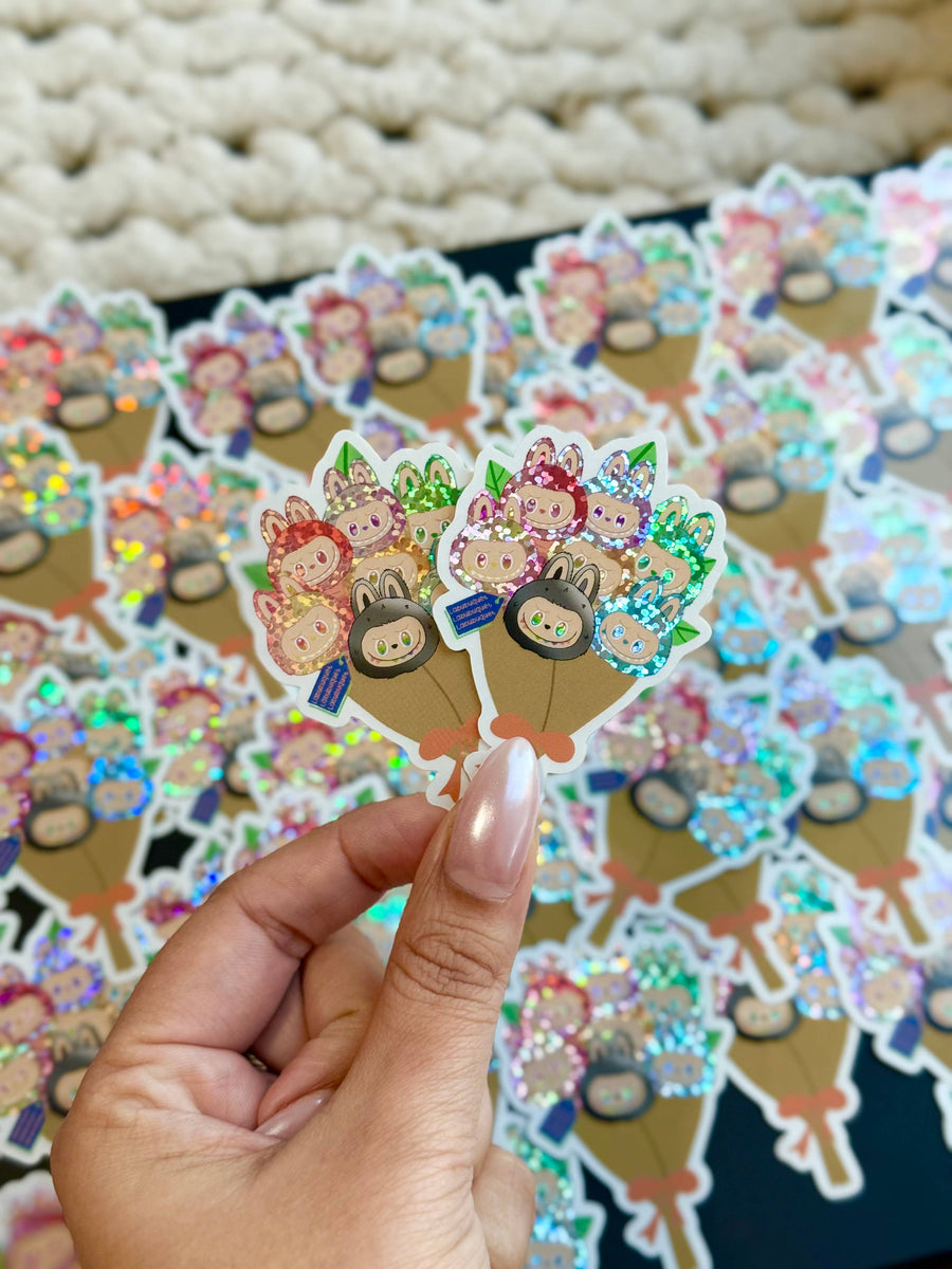Labubu Bouqet- glitter Holo- Vinyl Sticker