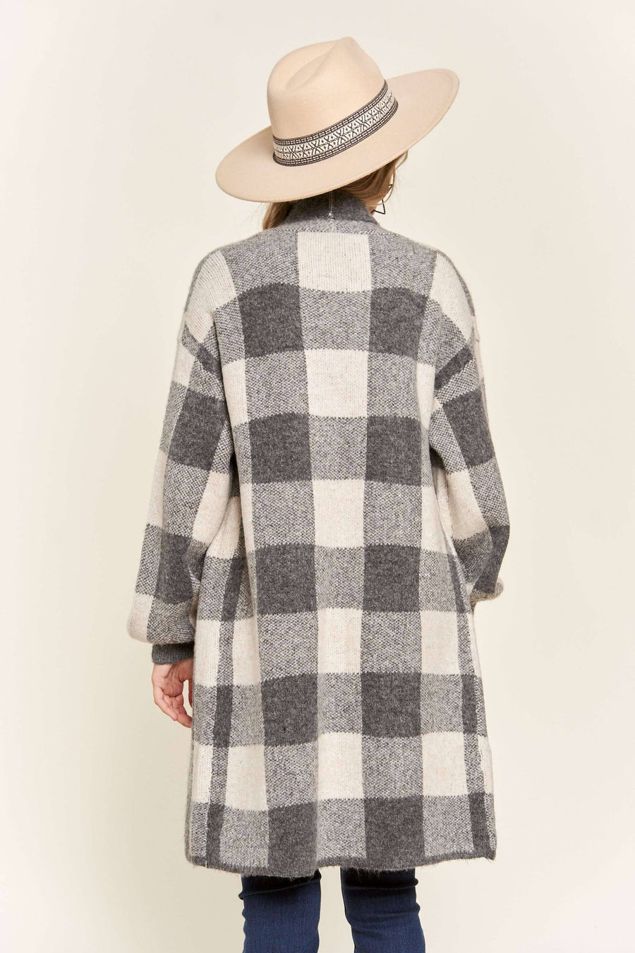 OPEN FRONT LONG PLAID CARDIGAN