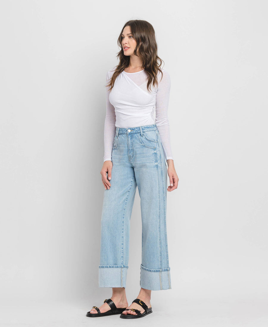 SUPER HIGH RISE CUFFED BAGGY WIDE JEANS T6515