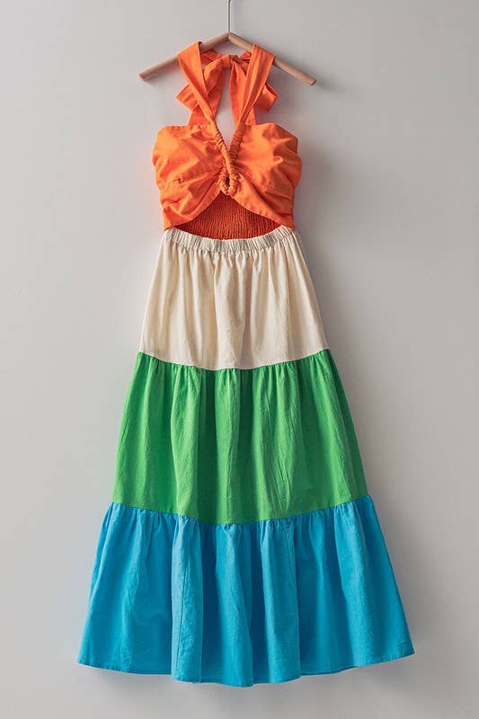 Colorblock V Neck Tie Long Dress - Muliti - Medium - Green Bubble Gorgeous Colorblock V Neck Tie Long Dress - Muliti - Medium - Green Bubble Gorgeous