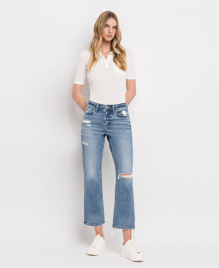 HIGH RISE DISTRESSED HEM CROP STRAIGHT JEANS BLINK / 27