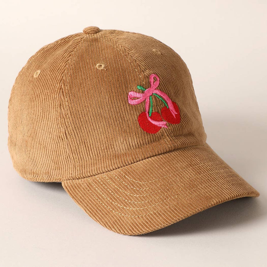 Cherries Ribbon Bow Embroidery Corduroy Cap