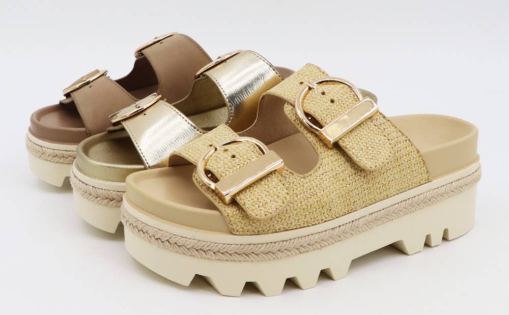 Bamboo-Lug Sole Double Buckle Strap Slide Sandals – Green