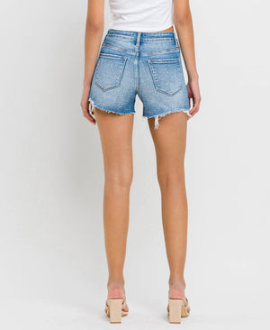 HIGH RISE DISTRESSED CRISS CROSS SHORTS BLUE DENIM / L