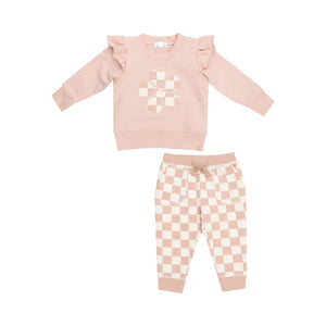 Ruffle Patch Sweatshirt & Jogger- Checkerboard Pink