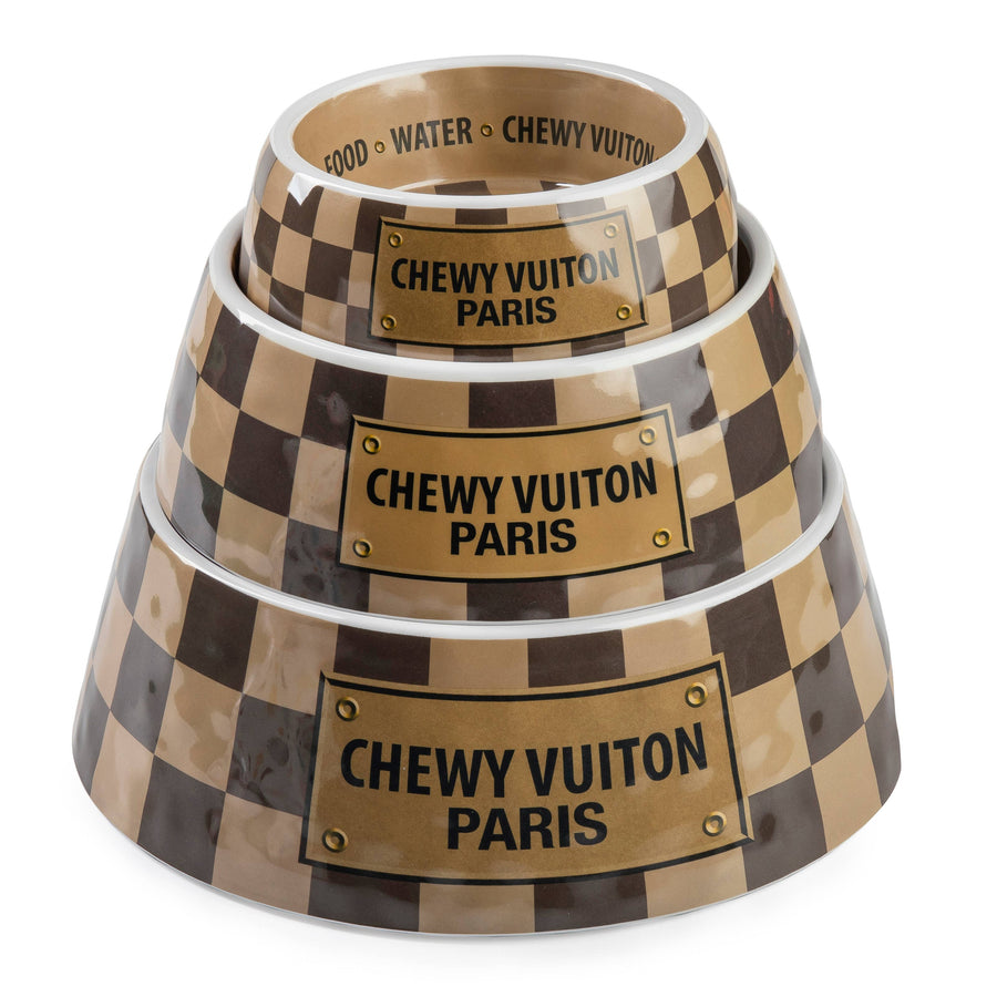 Checker Chewy Vuiton Bowls & Placemat Set Dog Food Bowl: Medium