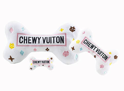 White Chewy Vuiton Bones Squeaker Dog Toy: Small / Mini