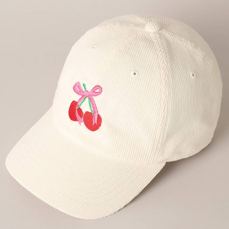 Cherries Ribbon Bow Embroidery Corduroy Cap