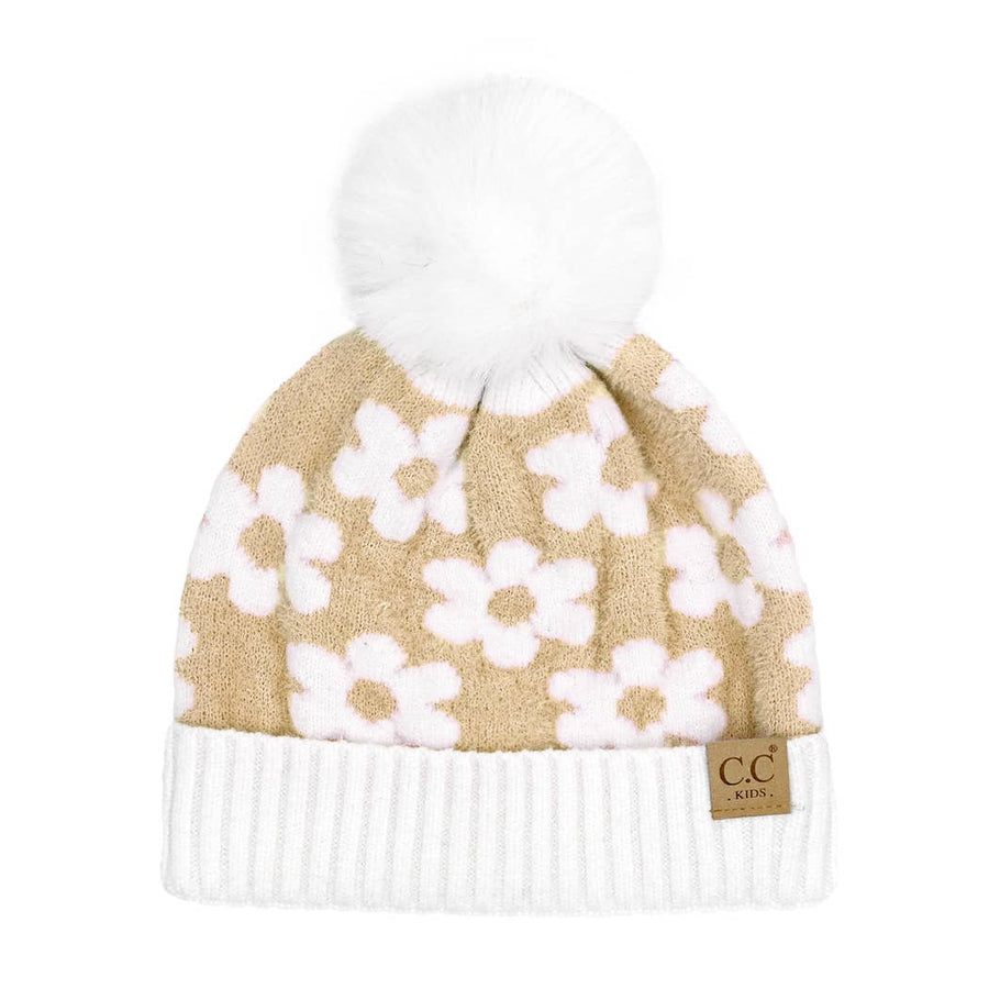 Kids' Daisy Pattern Cuff Beanie with Pom Pom