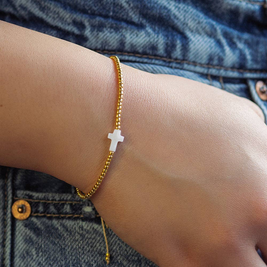 Intentions Cord Bracelet-Cross, Gold Beaded Cord Bracelet