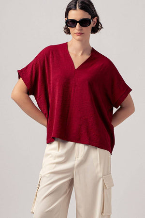 Relaxed V-Neck Top with Folded Sleeves - Mauve