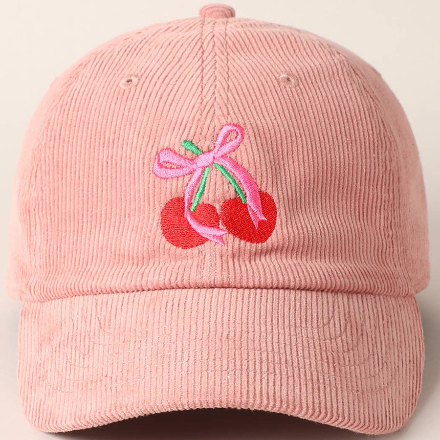 Cherries Ribbon Bow Embroidery Corduroy Cap