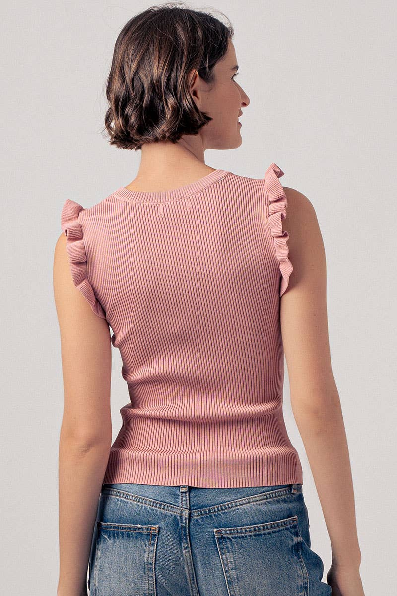 Flutter Sleeve Ribbed Crew Neck Ruffle Tank Top