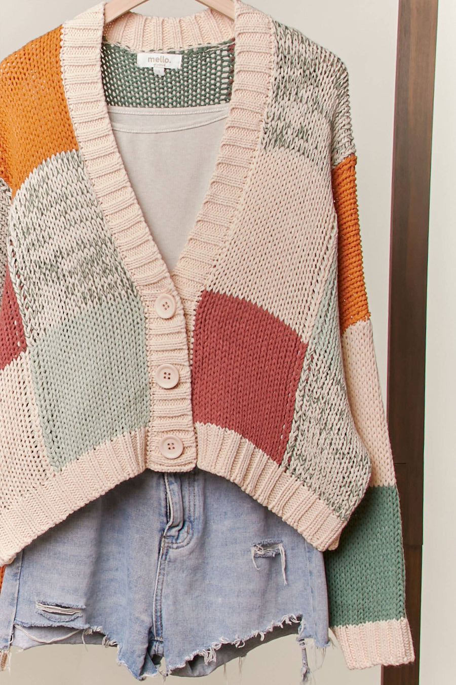 Color Block Crochet V Neck Cardigan