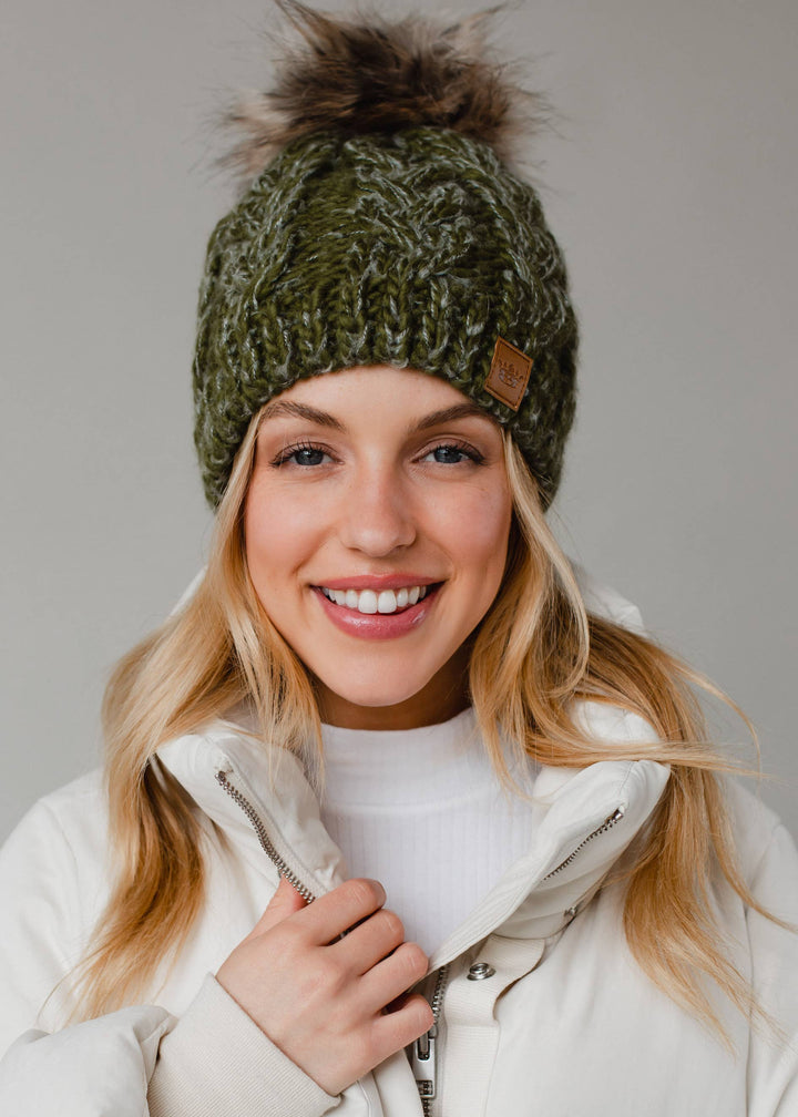 Olive Cable Knit Pom Hat