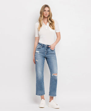 HIGH RISE DISTRESSED HEM CROP STRAIGHT JEANS BLINK / 30