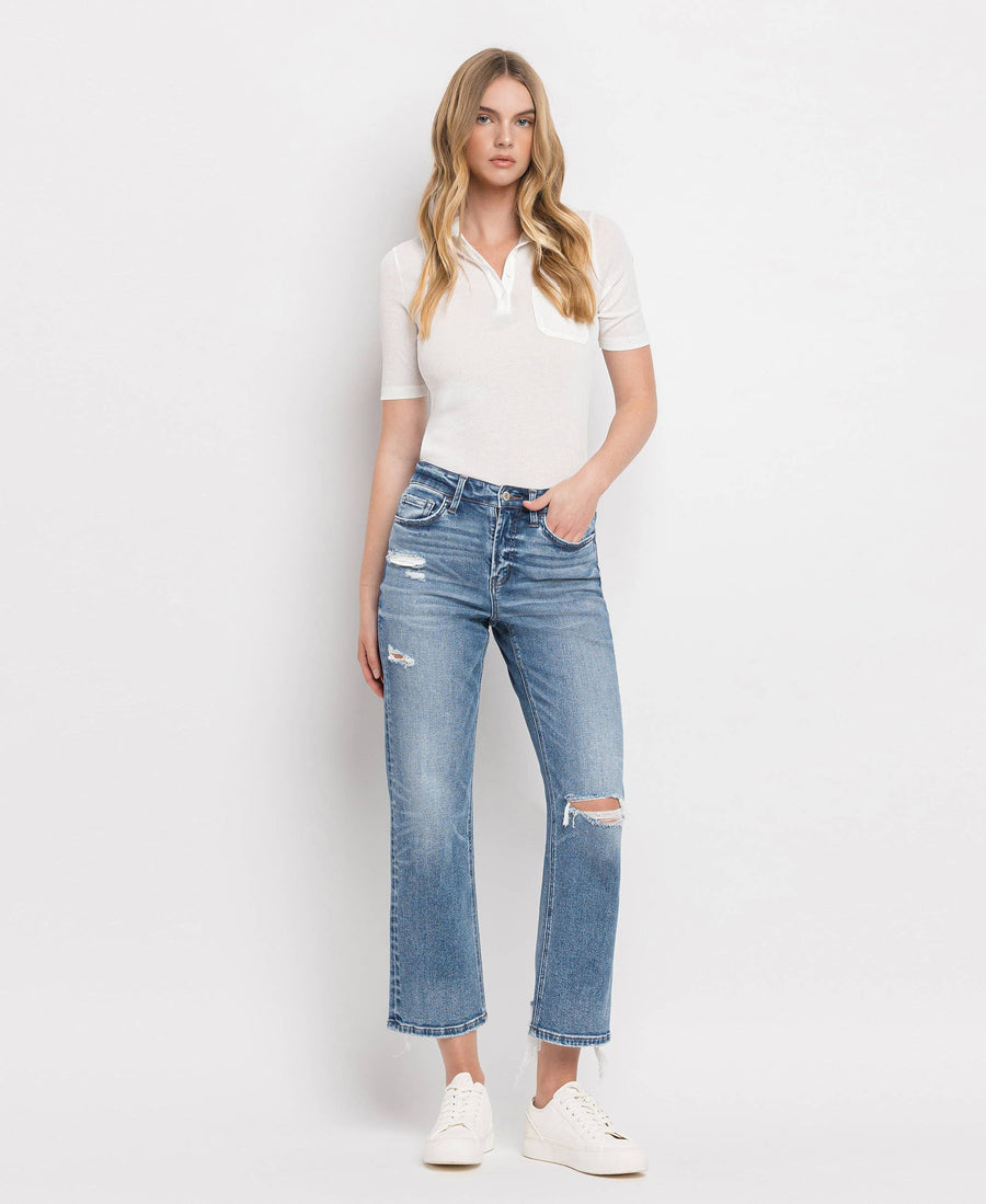 HIGH RISE DISTRESSED HEM CROP STRAIGHT JEANS BLINK / 28